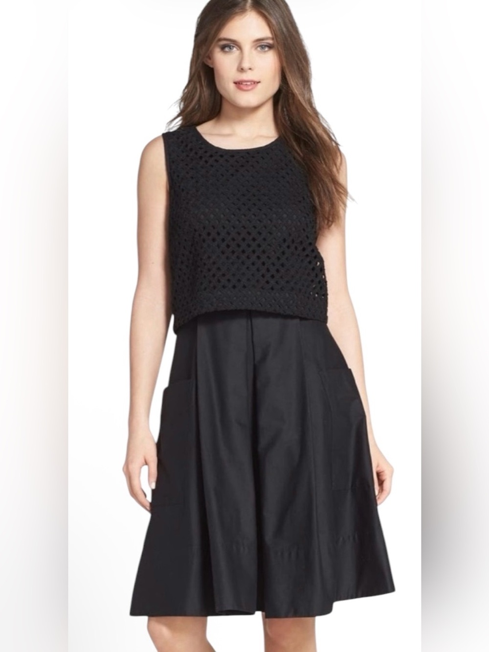 Eliza J black eyelet overlay swing mini  dress with pockets size 2
